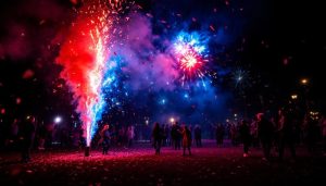 Zenda Club – explosion de feux d'artifice colorés rouges, oranges et violets sur fond nocturne