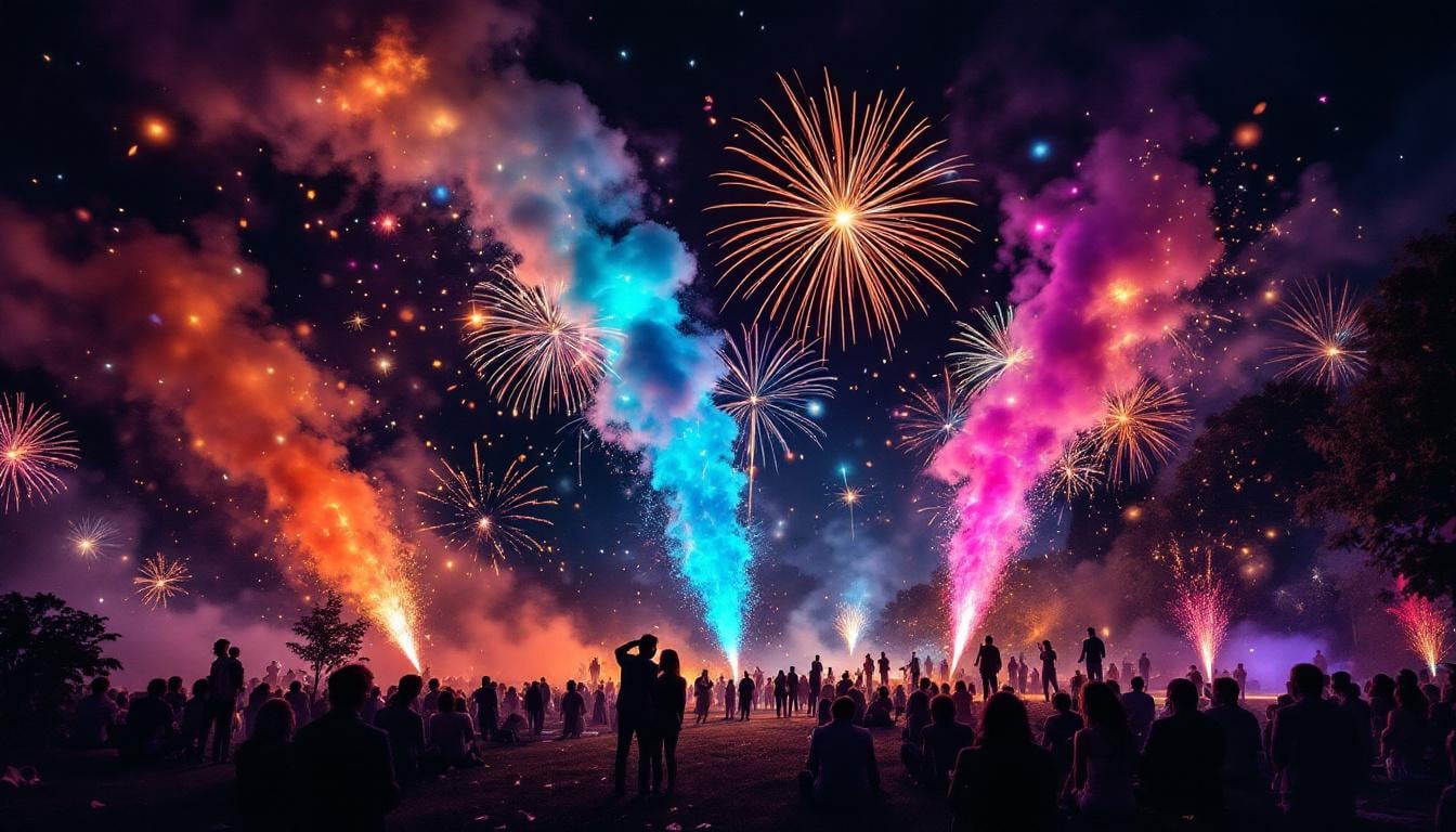 Zenda Club – spectacle pyrotechnique nocturne avec fumigènes colorés et étincelles lors d'un événement festif