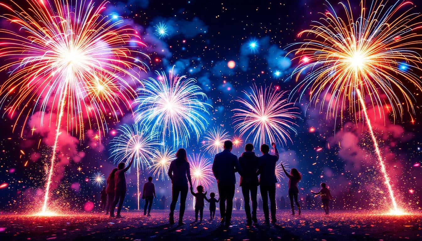 Catégories de feux d'artifice réglementation France – explosion de couleurs vives sur fond noir nocturne