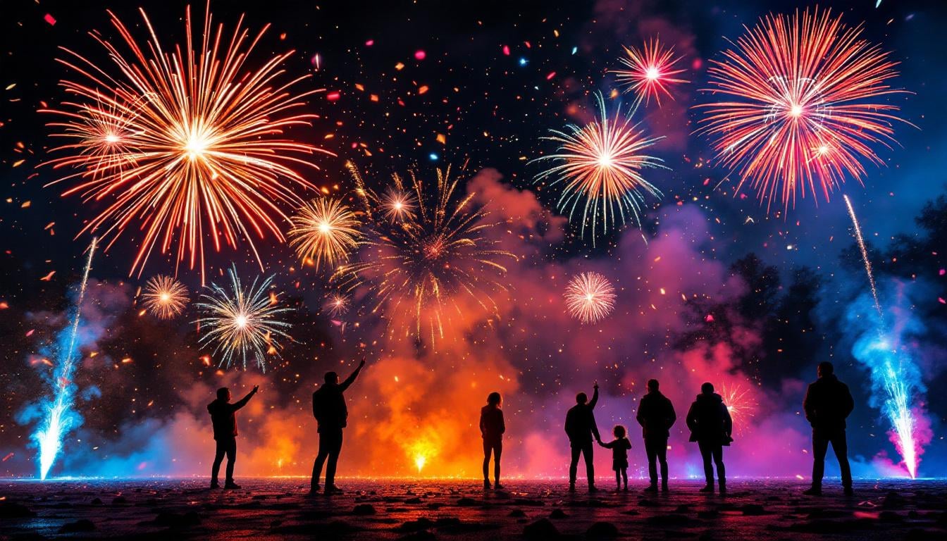 Feux d'artifice colorés illuminant le ciel nocturne — réglementation feux d'artifice pour particuliers