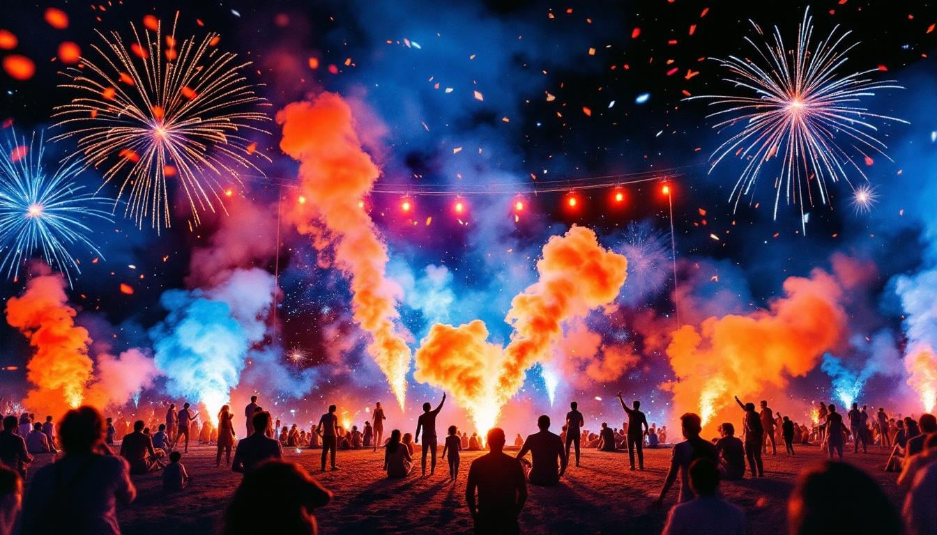 Feux d'artifice éco-responsables colorés illuminant le ciel nocturne – tendances pyrotechnie 2025