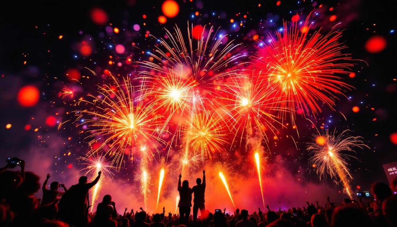 Spectacle pyrotechnique nocturne 2025 : feux d'artifice colorés rouge, bleu et violet illuminant le ciel