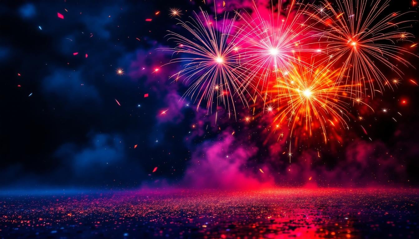 Feux d'artifice du 14 Juillet illuminant le ciel nocturne aux couleurs rouge, bleu et violet