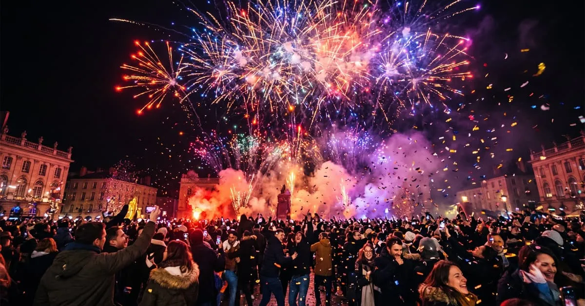 Effets pyrotechniques réveillon : feux d'artifice colorés illuminant le ciel nocturne