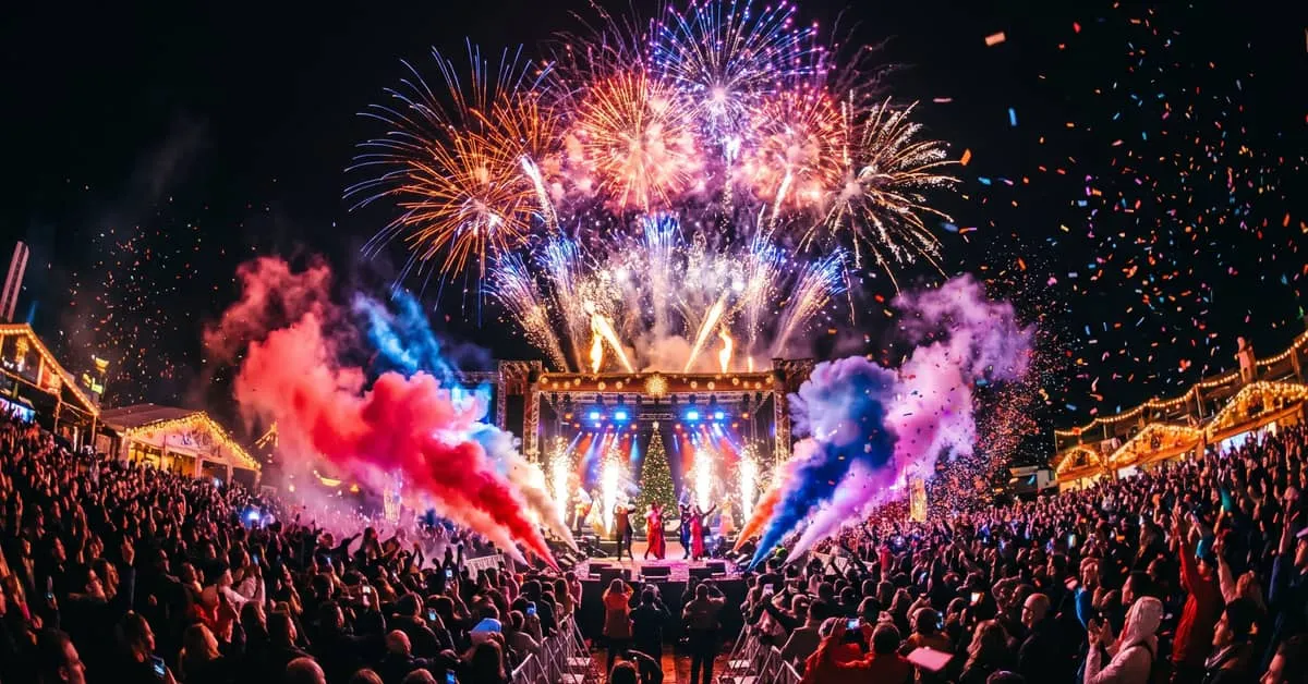 Noël pyrotechnique : étincelles et lumières colorées illuminent une fête de fin d'année nocturne