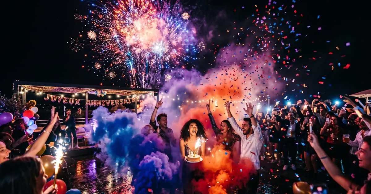 Fête d'anniversaire festive avec feux d'artifice colorés et confettis sur fond sombre