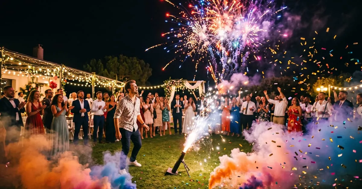Tir de mortier d'artifice la nuit avec des gerbes lumineuses colorées rouges et bleues